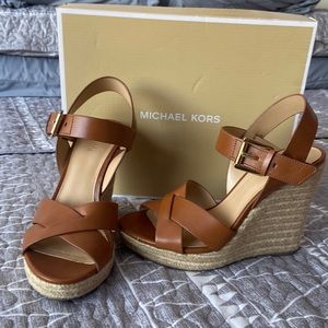 Michael Kohrs Leather Cogniac Wedge with Woven Embellishment